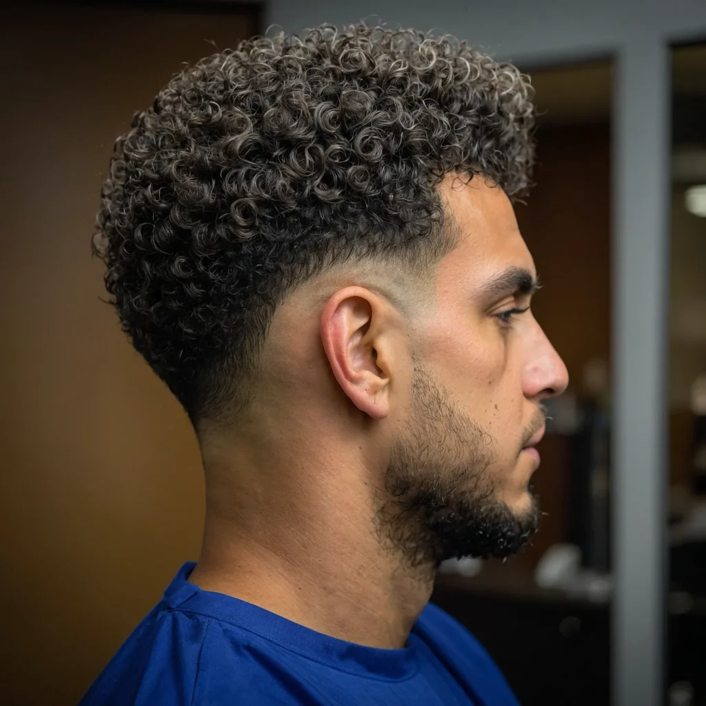 Low Drop Fade Broccoli Cut man with thick c