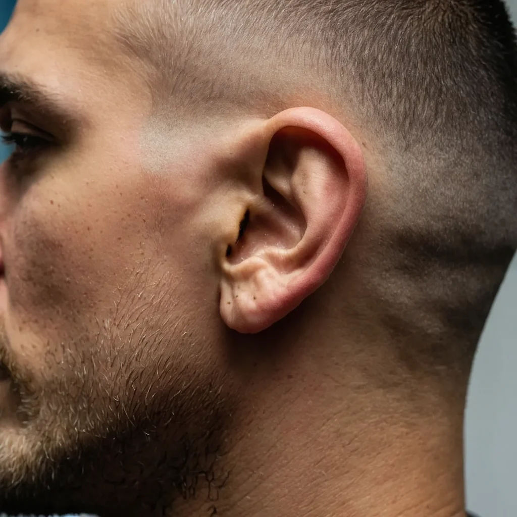 Low Drop Fade Buzz Cut closeup of man wit