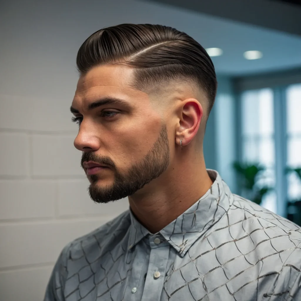 Low Drop Fade Comb Over man with smooth co