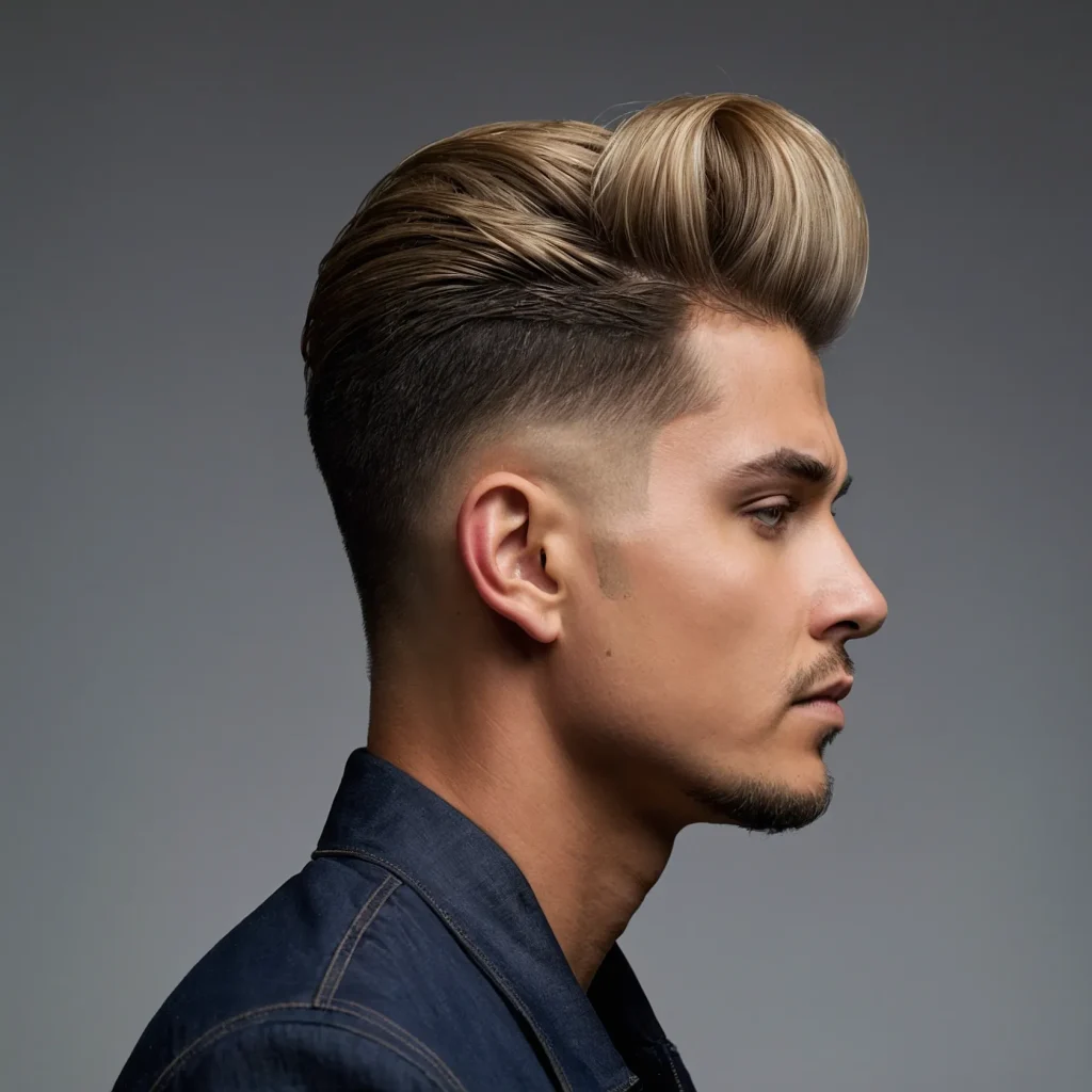 Low Drop Fade Pompadour man with voluminou