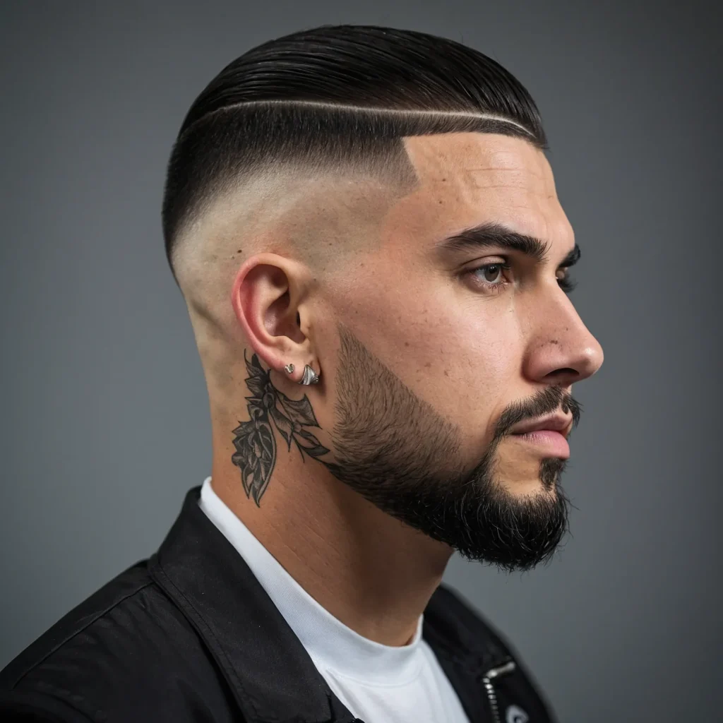 Low Drop Fade with Shaved Design man with