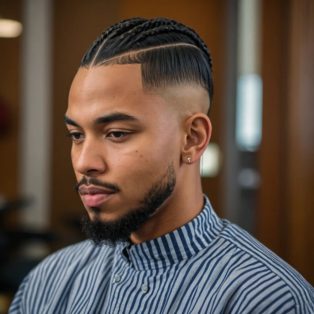 Low Taper Fade with Braided BunBlack man w