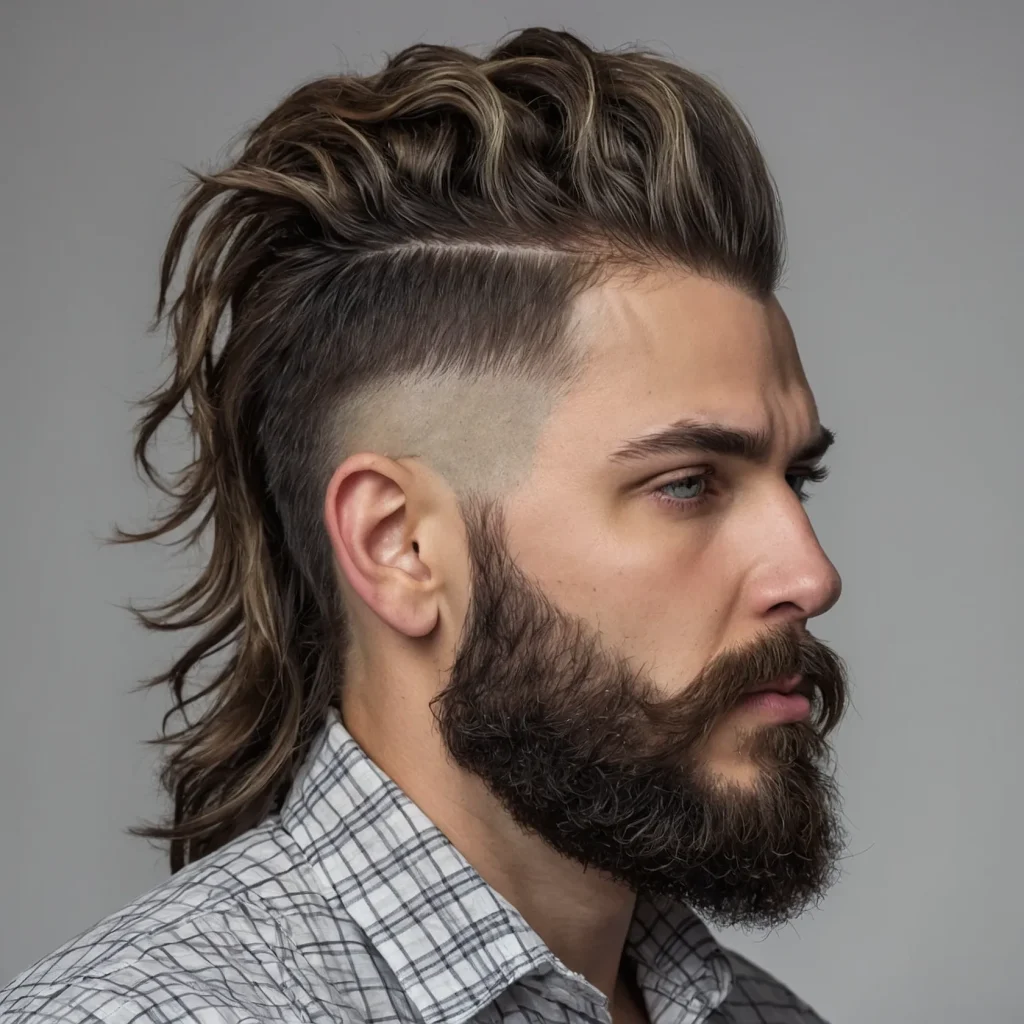 Burst Fade Mullet with Beard Combowhite man
