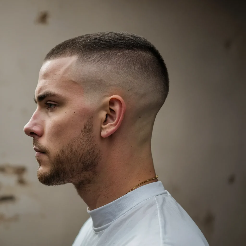 Buzz Cut with Taper FadeNatural lighting on