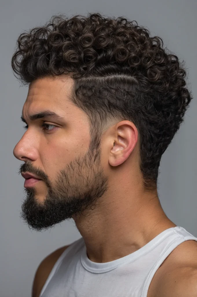 Curly Top with Mid Drop FadeMan with thick cu
