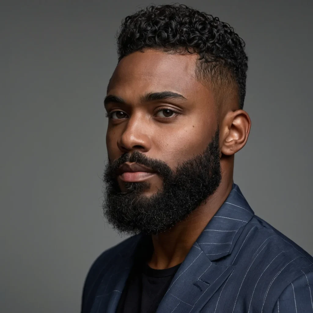 Drop Fade with Defined Curls and Beard LineUp