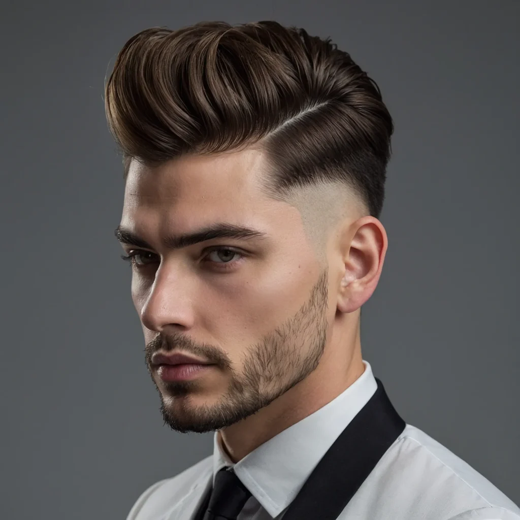 Drop Fade with PompadourVoluminous pomp top s