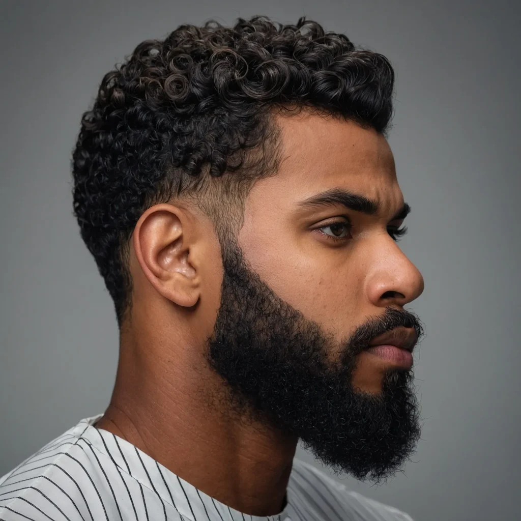 High Taper Fade with Defined Curls and BeardT
