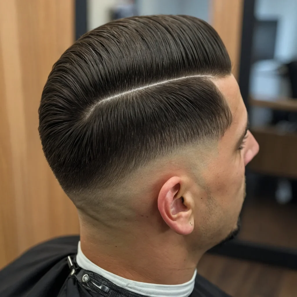 Low Taper with Narrow Back Fade and Comb Text