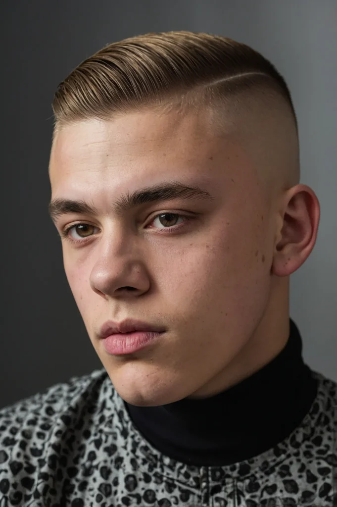 Mid Drop Skin FadeTeen boy with bald skin fad
