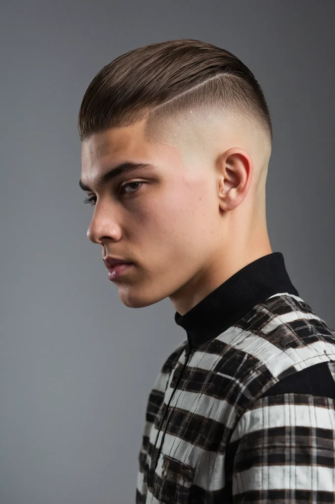 Mid Drop Skin FadeTeen boy with bald skin fad