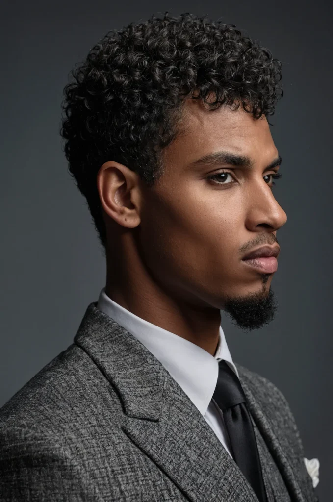 Curly Caesar CutBlack male model with natur