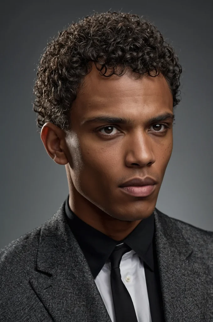 Curly Caesar CutBlack male model with natur