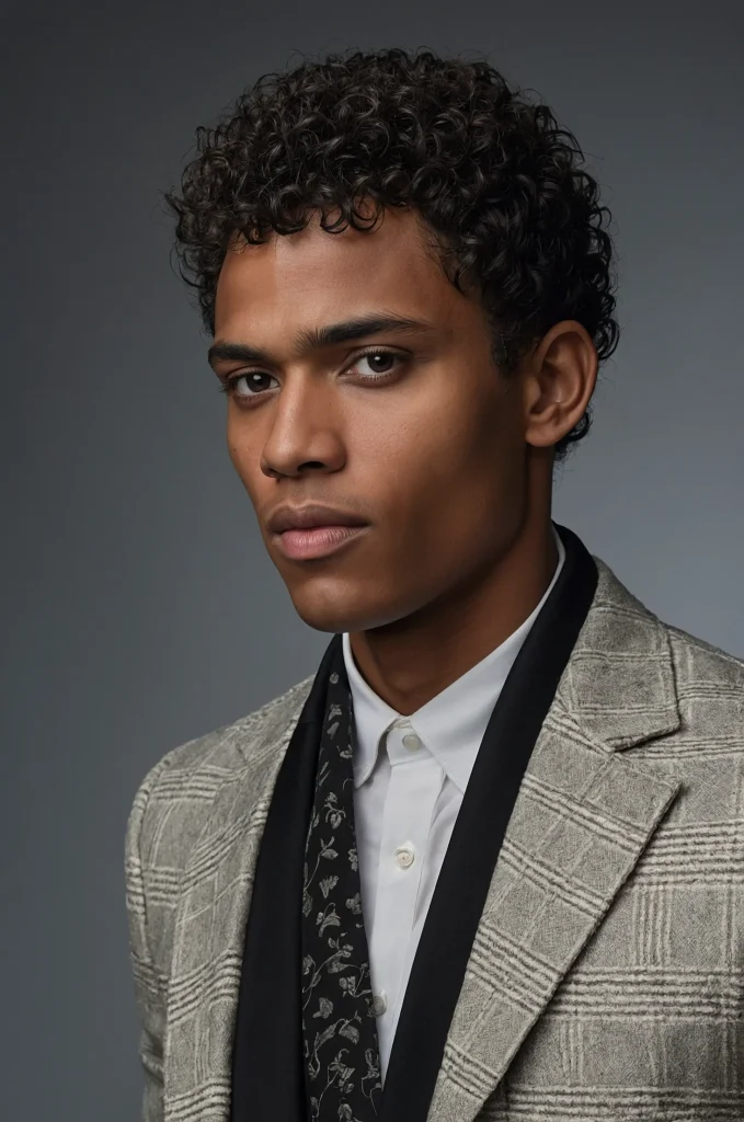 Curly Caesar CutBlack male model with natur