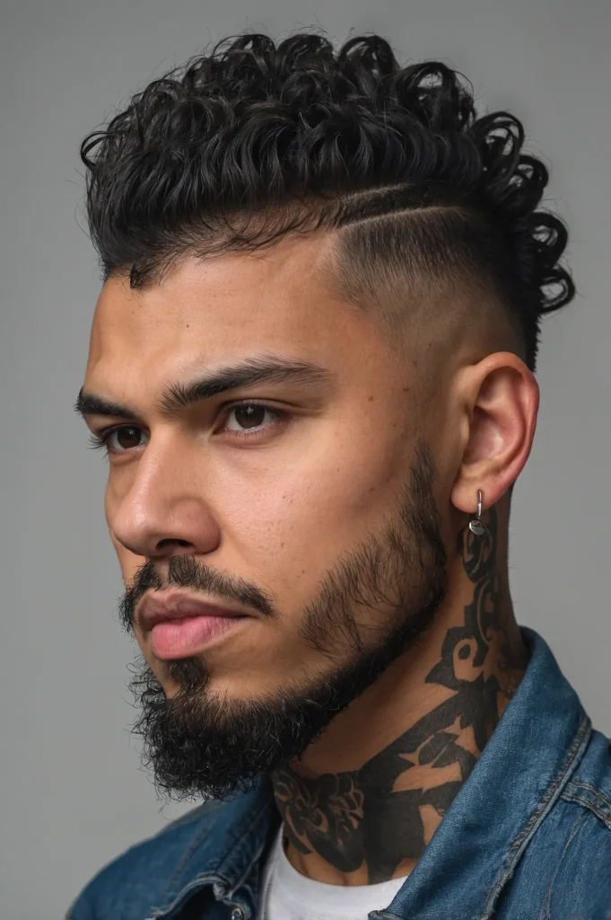 Burst Fade with Curly MohawkCurly mohawk styl