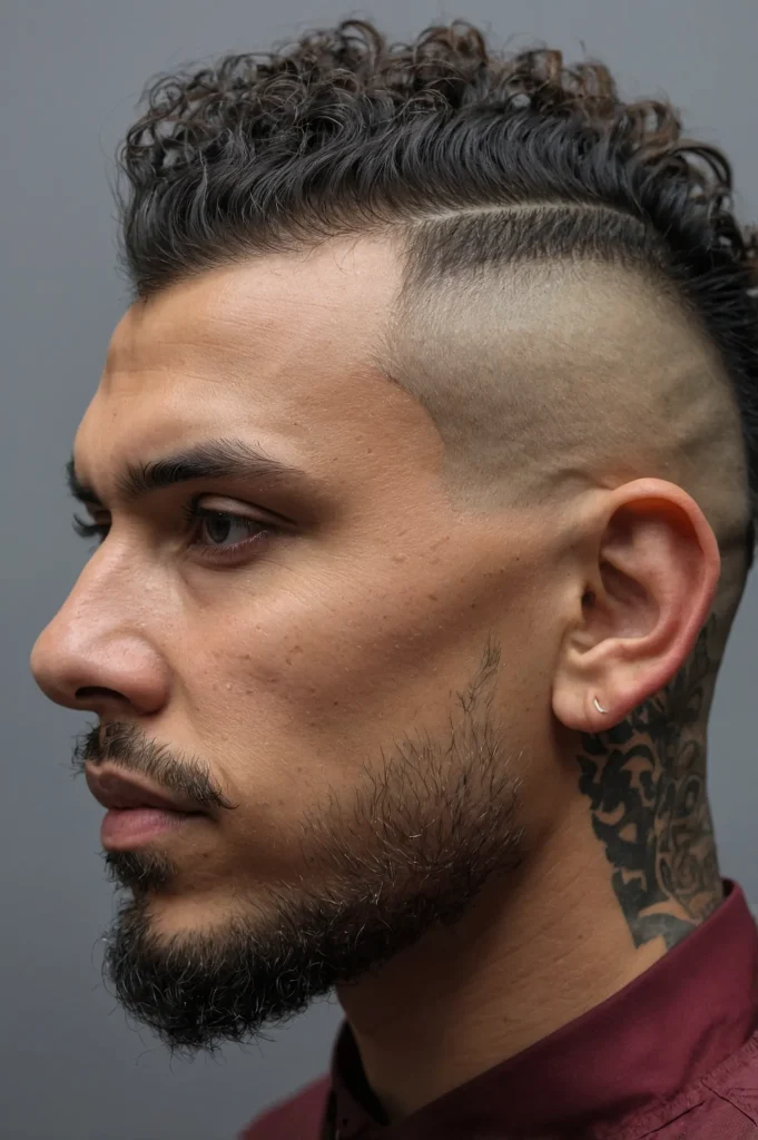 Burst Fade with Curly MohawkCurly mohawk styl