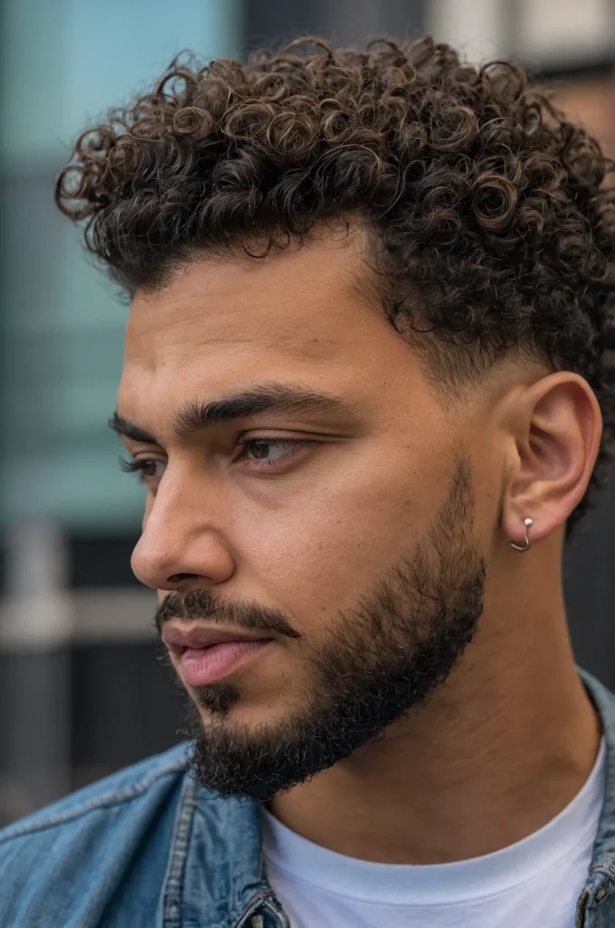 Burst Taper Fade Curly TopA man with a burst