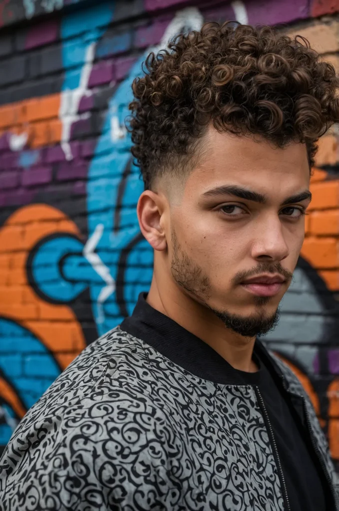 Curly Hair Taper Fade with DesignA man with