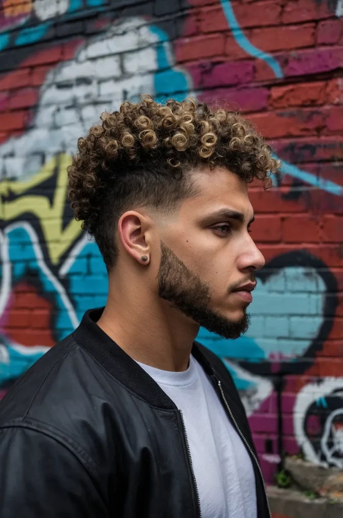 Curly Hair Taper Fade with DesignA man with