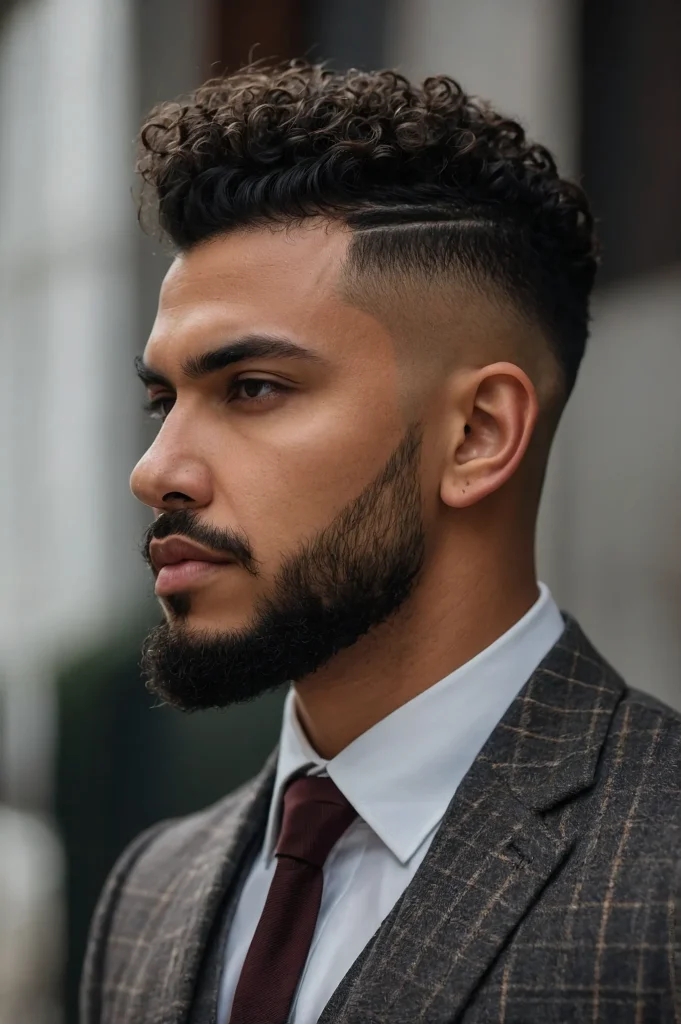 Defined Curls Sharp Temple FadeMan with tigh