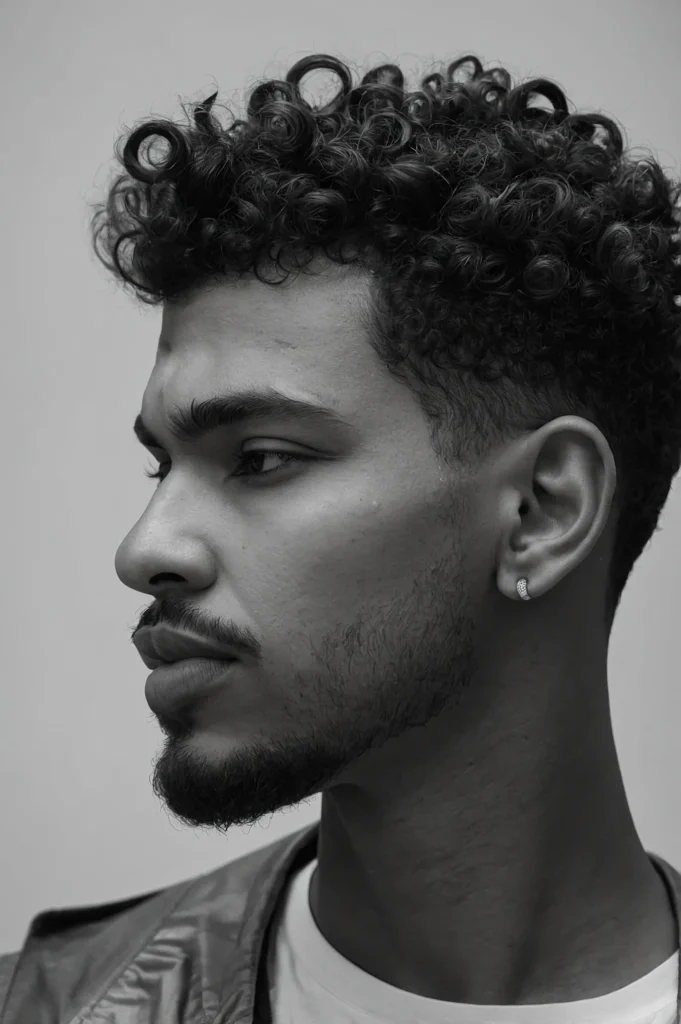 Defined Curls Sharp Temple FadeMan with tigh