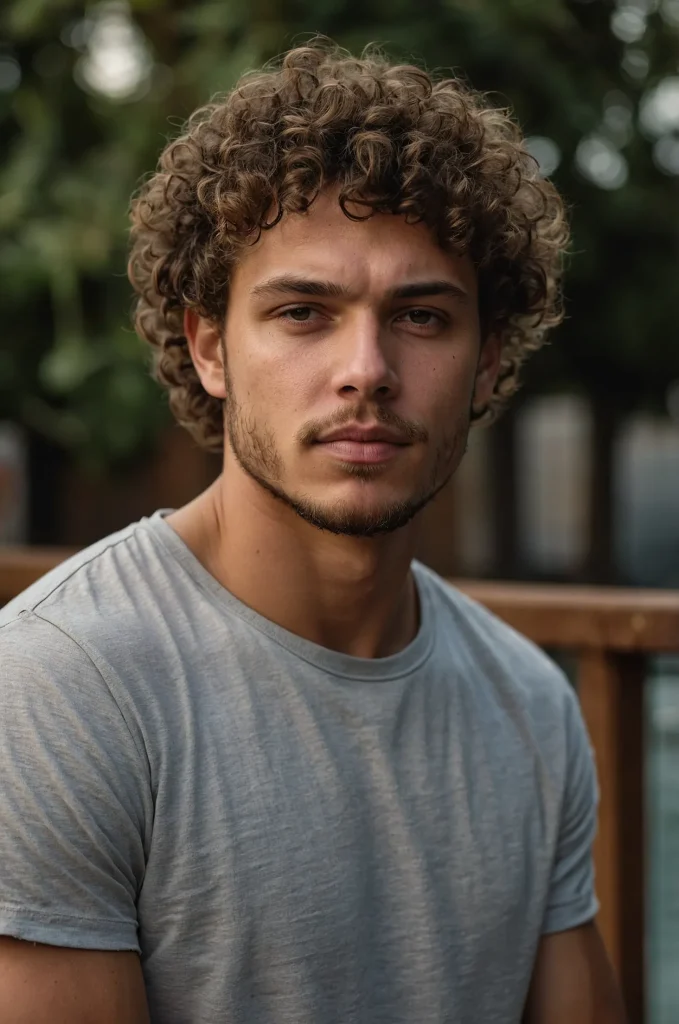 Messy Curly Fringe Taper FadeA man with mess