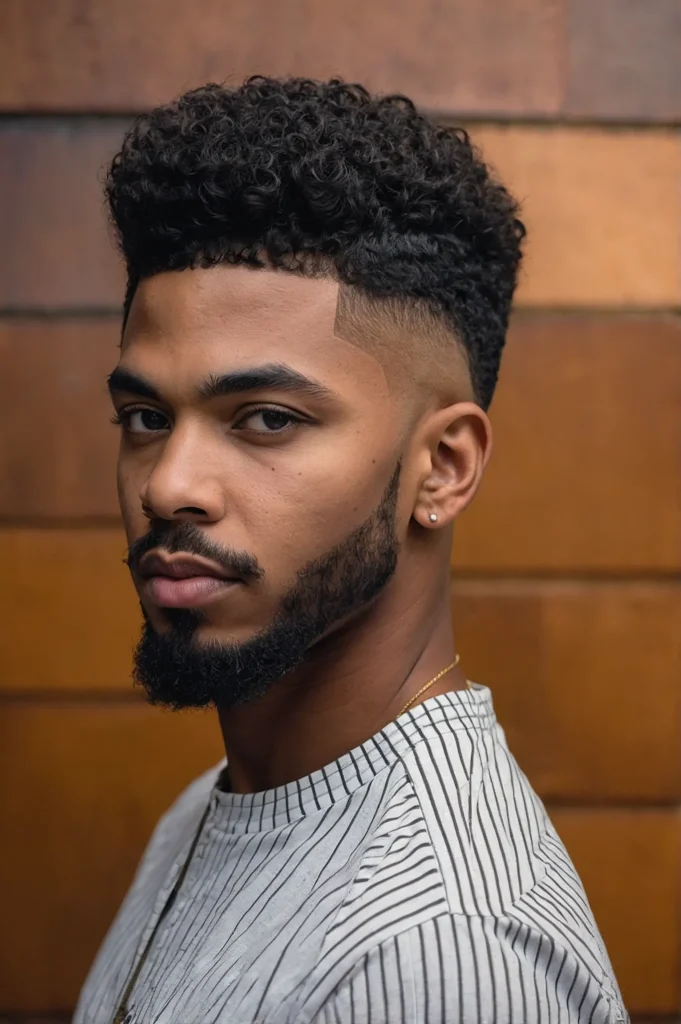 Temp Fade with Short Afro TopShort rounded to