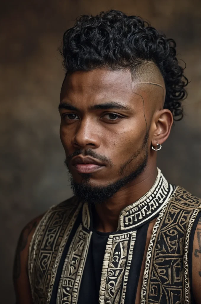 Tribal Warrior Cut Black male model with a t