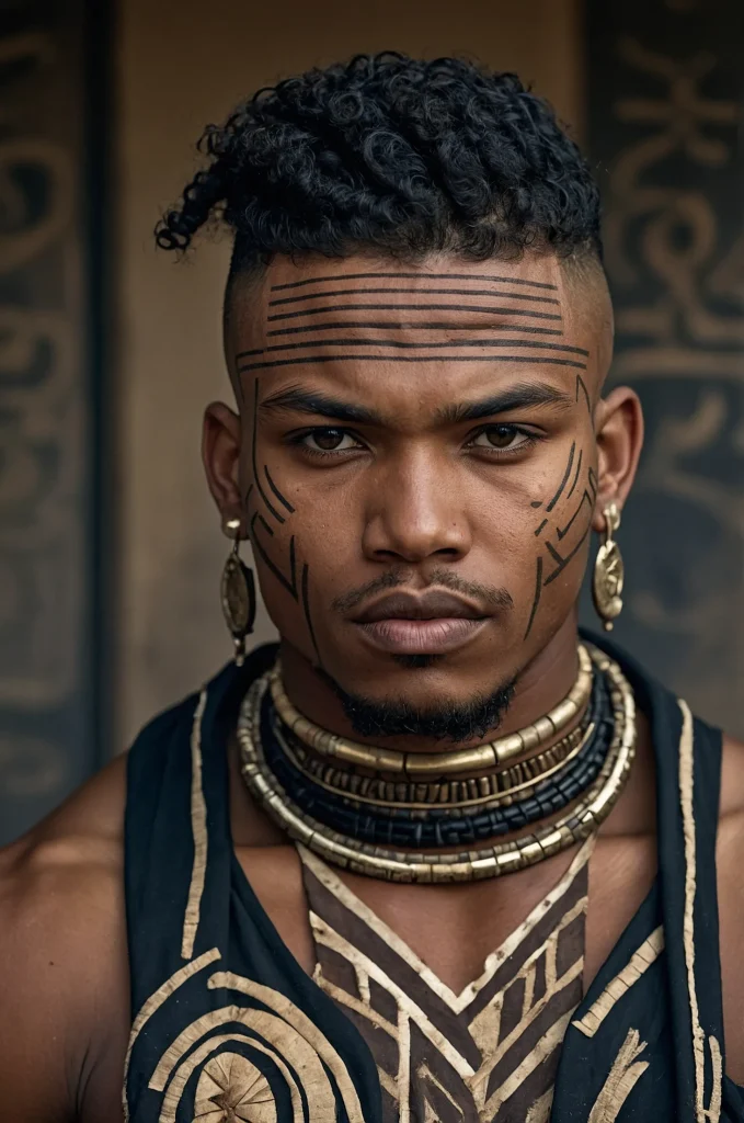 Tribal Warrior Cut Black male model with a t