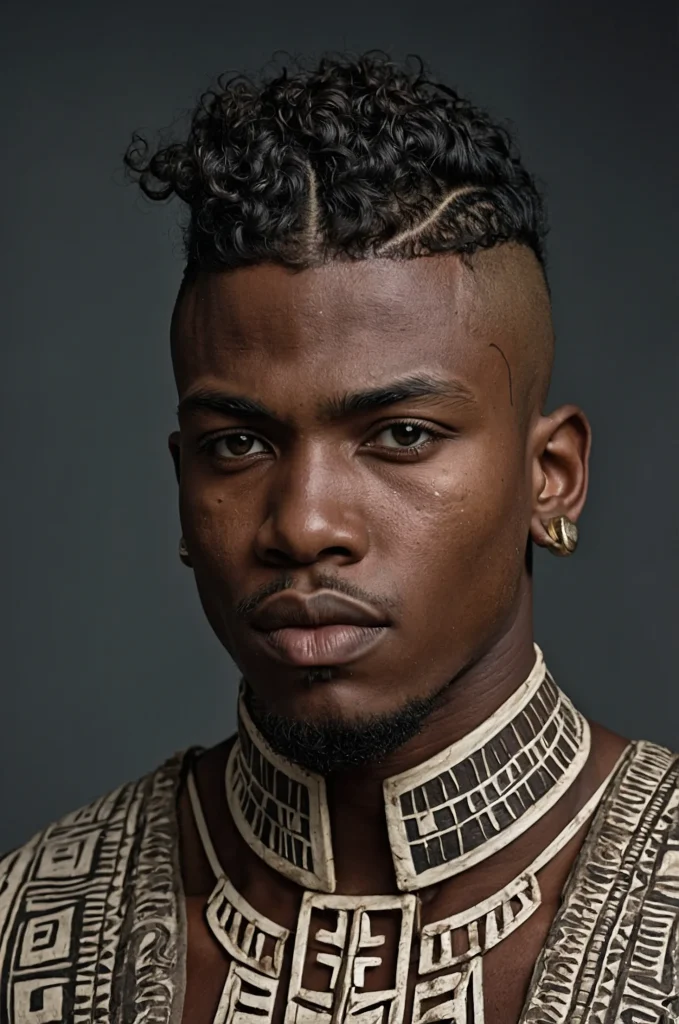 Tribal Warrior Cut Black male model with a t