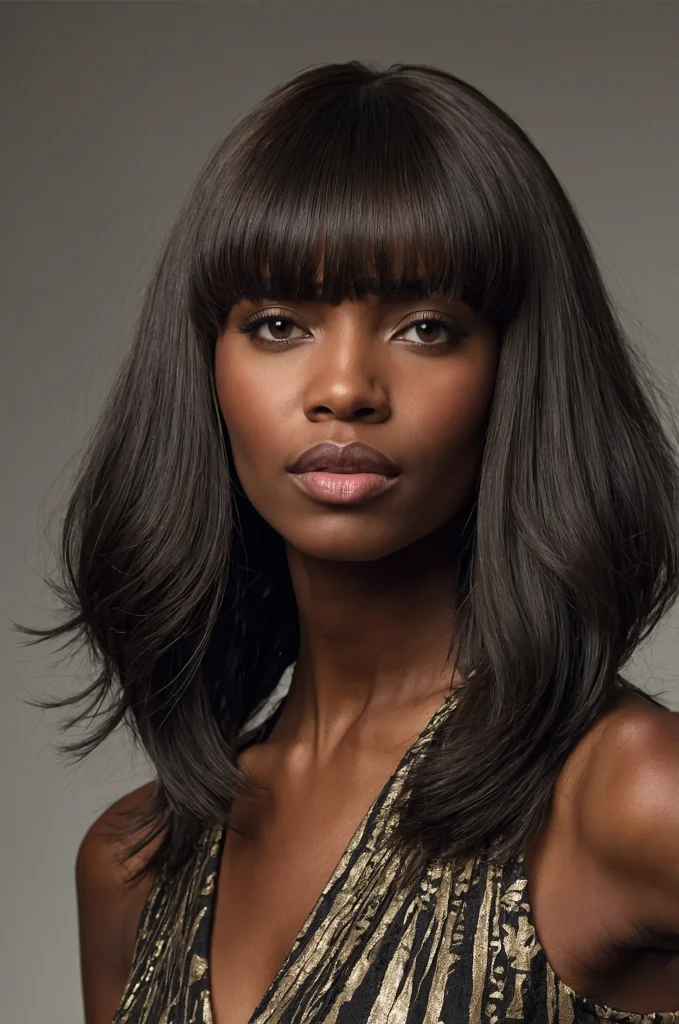Long Blowout Taper FringeA Black woman wit