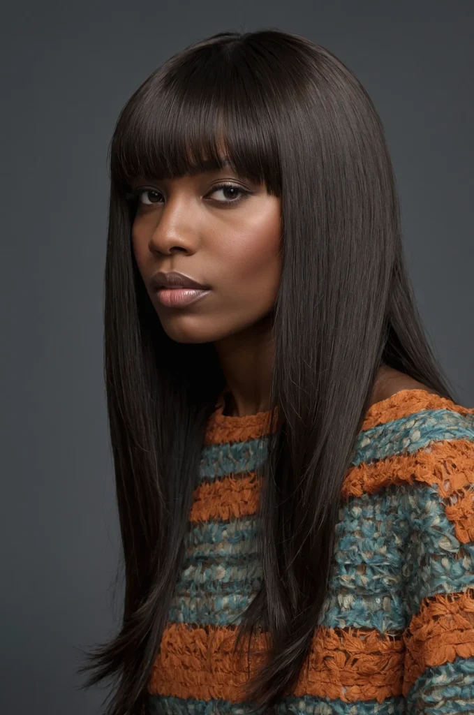 Long Blowout Taper FringeA Black woman wit