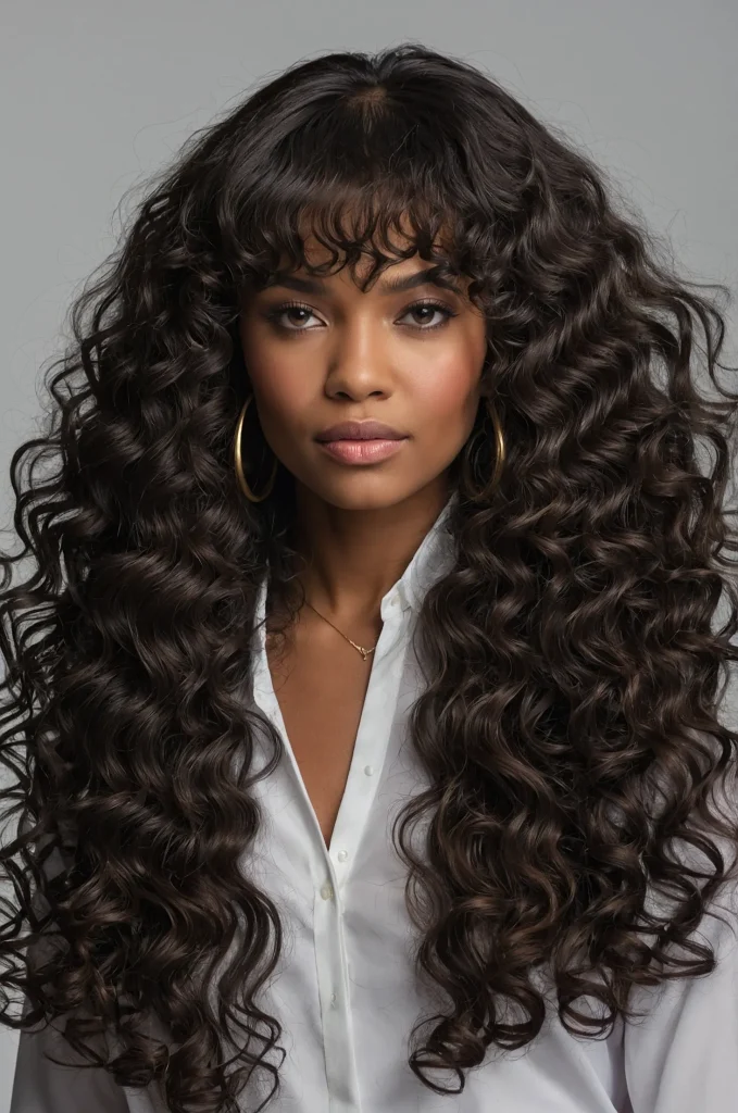 Curly Long Fringe with Long HairA Black wom