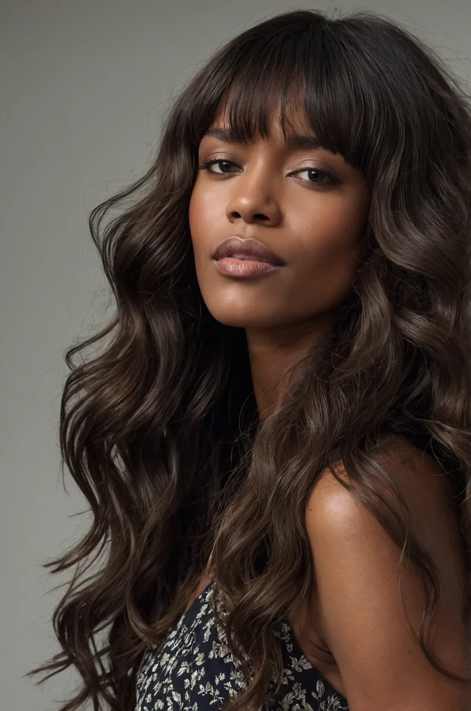 Wavy Long Fringe with Long HairA Black woma