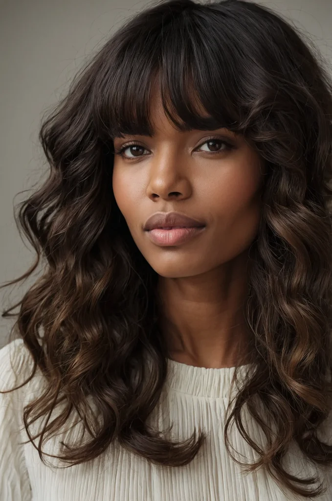 Wavy Long Fringe with Long HairA Black woma
