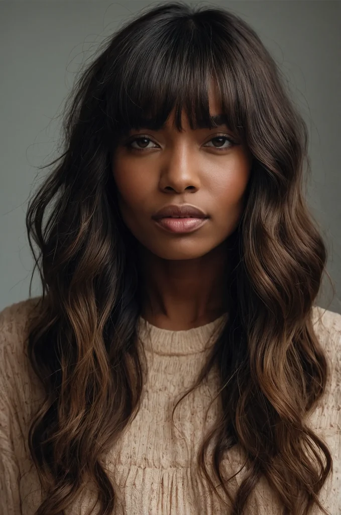 Wavy Long Fringe with Long HairA Black woma