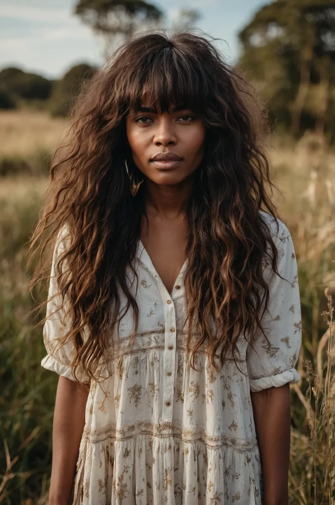 Messy Long Fringe with Long HairA Black wom