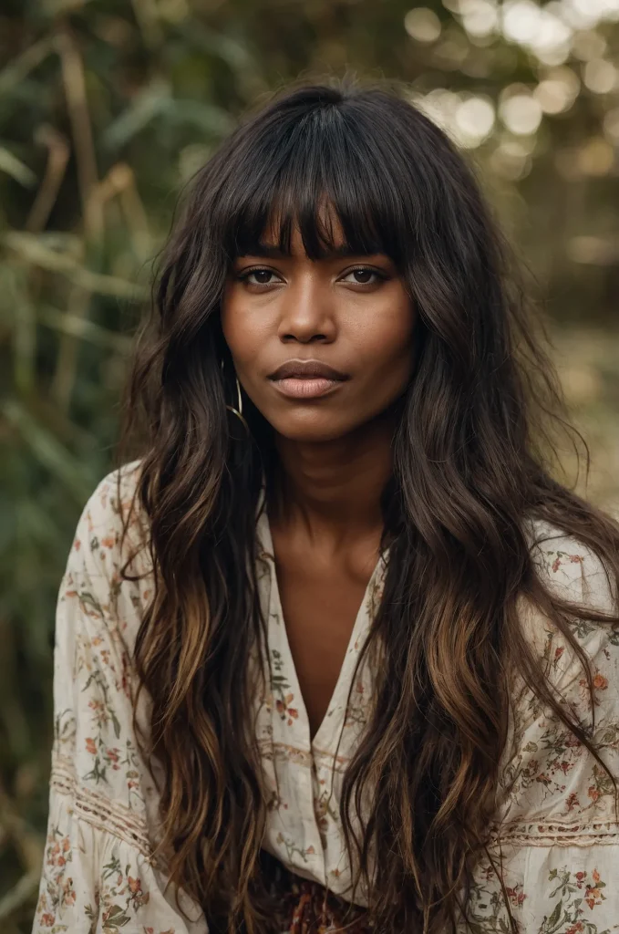 Messy Long Fringe with Long HairA Black wom